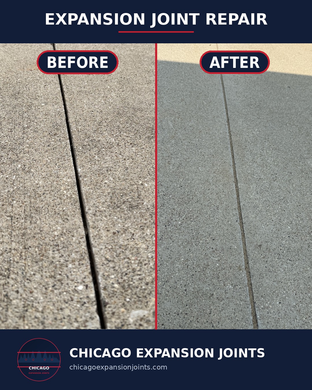 Before and after: failed expansion joint resealed on an Oklahoma City-area driveway